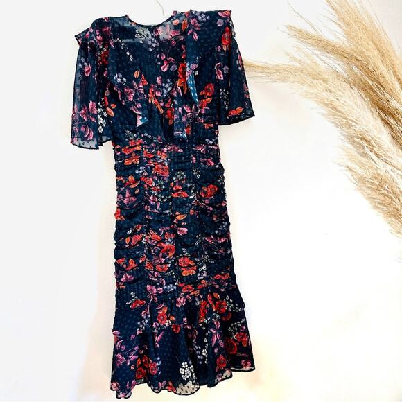 Keepsake Need You Now Navy Blue Red White Floral Ruffle Rouched Midi Dress XS - Picture 11 of 14